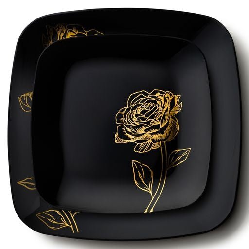 32 Black Gold Square Reusable Plastic Combo Plate Peony