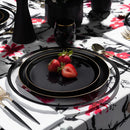 Disposable 20 Black & Gold Reusable Plastic Combo Plate - Edge