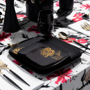 Disposable 32 Black & Gold Square Reusable Plastic Combo Plate - Peony