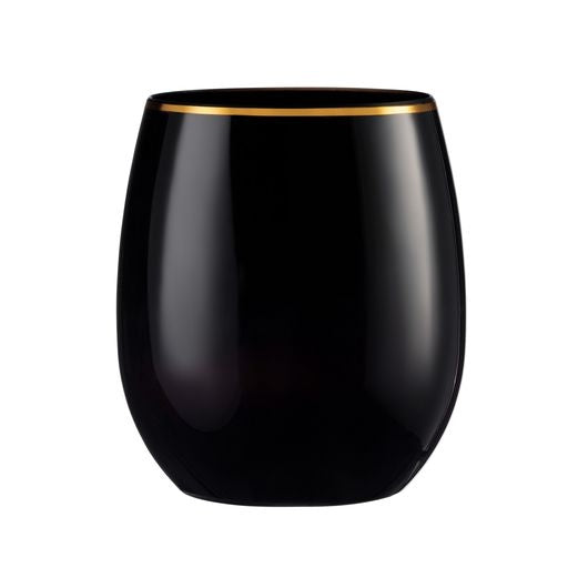 Disposable 6 Black & Gold Reusable Wine Cups 355ml - Stemless 