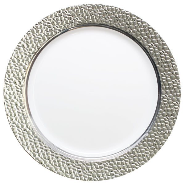 Disposable_Hammered - White & Silver Reusable Plastic Plate 26cm/10in 10pc