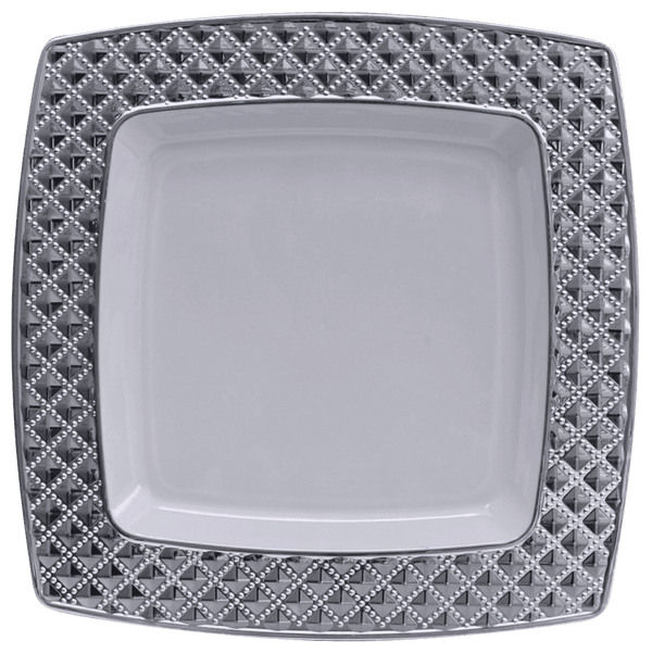 Disposable_Diamond - White & Silver Square Reusable Plastic Plate 24cm/9.5in 10pc