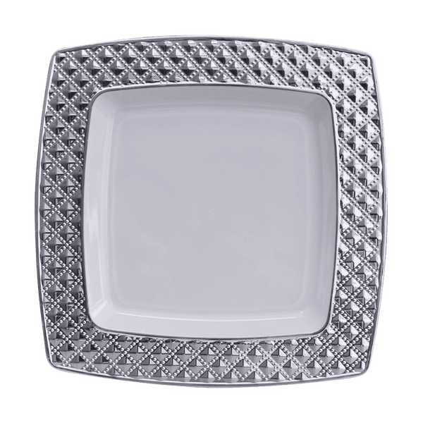 Disposable_Diamond - White & Silver Square Reusable Plastic Plate 20cm/8in 10pc