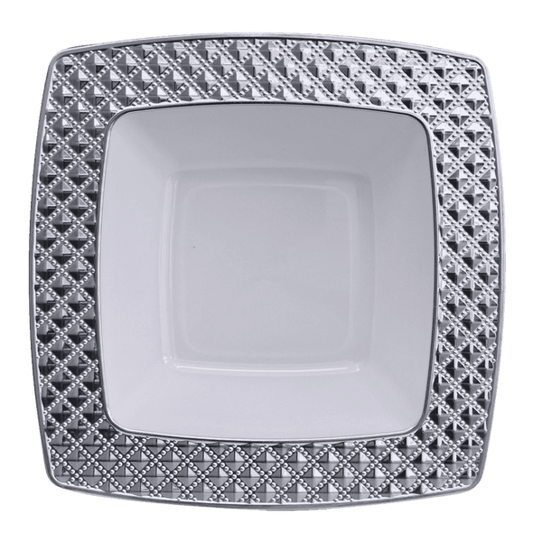 Disposable_Diamond - White & Silver Square Reusable Plastic Soup Bowl 400ml/13.5oz 10pc