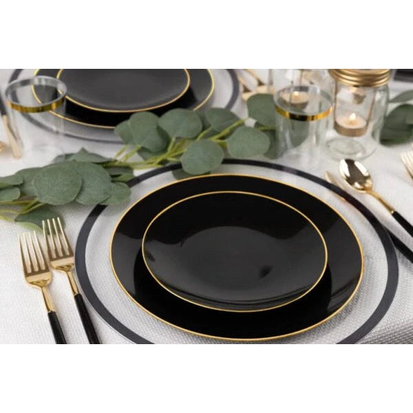 Disposable 32 Black & Gold Reusable Plastic Combo Plate - Classic 