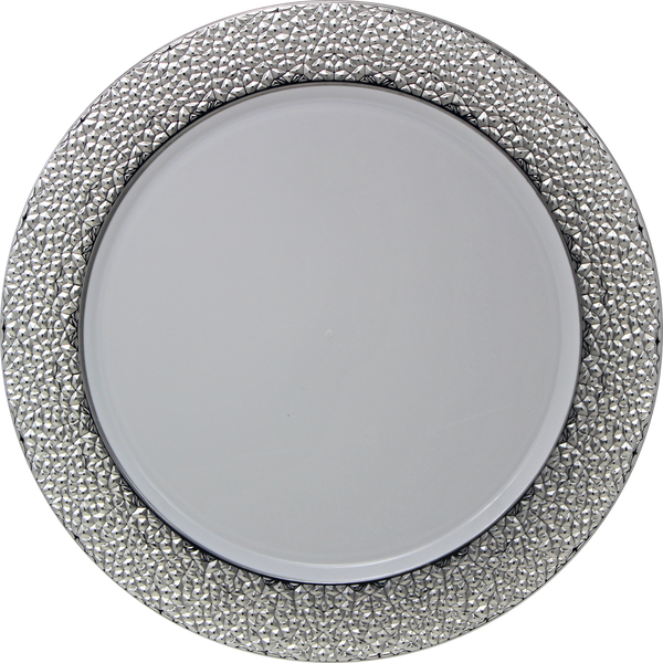 Disposable_Hammered - White & Silver Reusable Plastic Charger Plate 33cm/13in 2pc