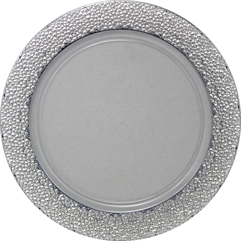 Disposable_Hammered - Transparent & Silver Reusable Plastic Charger Plate 33cm/13in 2pc