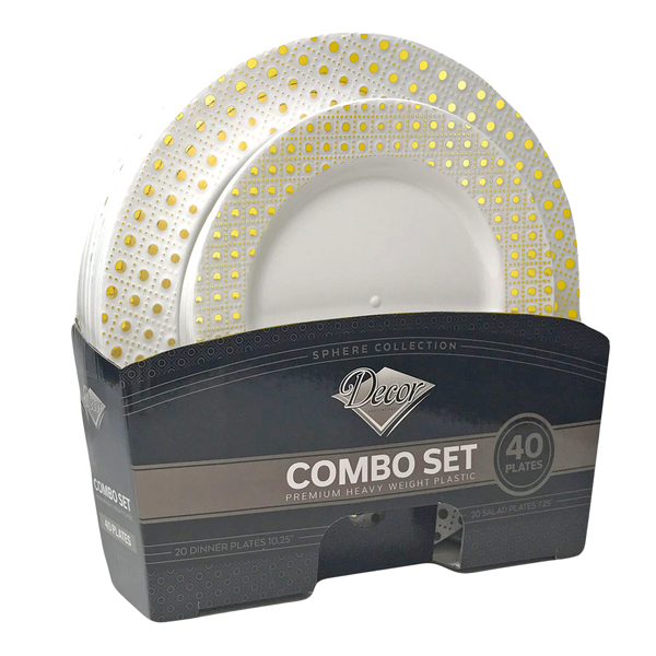 Disposable_Sphere - White & Gold Reusable Plastic Combo Plate 40pc