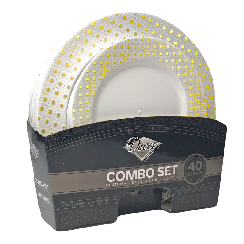 Disposable_Sphere - White & Gold Reusable Plastic Combo Plate 40pc