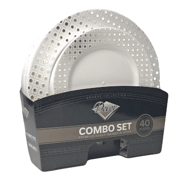 Disposable_Sphere - White & Silver Reusable Plastic Combo Plate 40pc