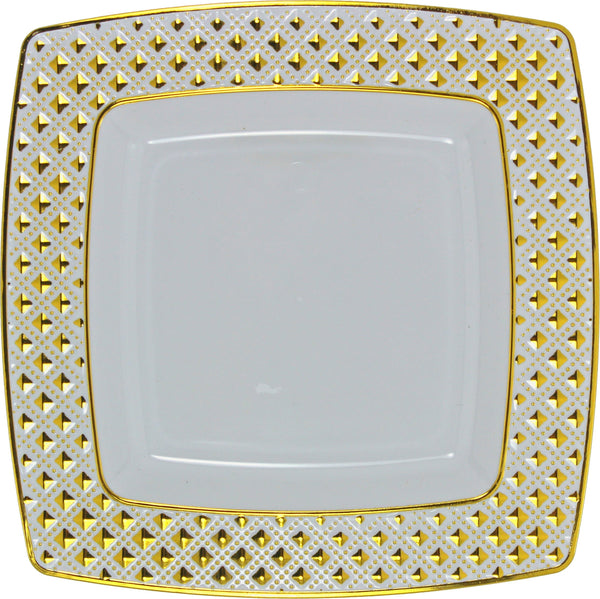 Disposable_Diamond - White & Gold Square Reusable Plastic Plate 24cm/9.5in 10pc