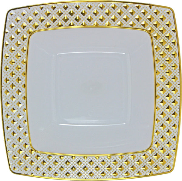 Disposable_Diamond - White & Gold Square Reusable Plastic Soup Bowl 400ml/13.5oz 10pc