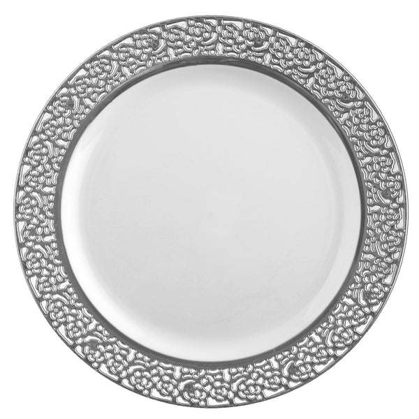 Disposable_Inspiration - White & Silver Reusable Plastic Plate 26cm/10in 10pc