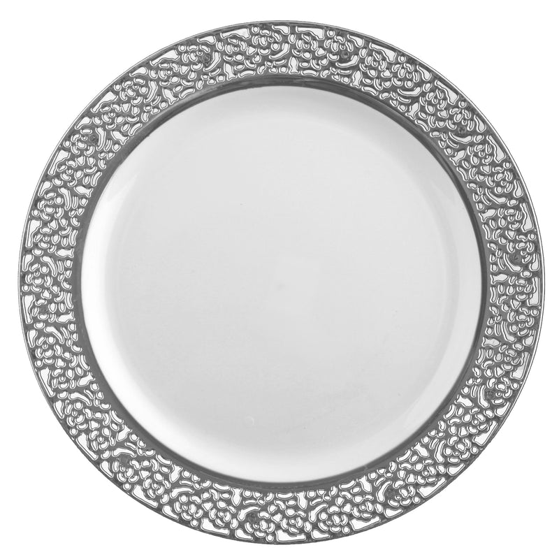 Disposable_Inspiration - White & Silver Reusable Plastic Plate 26cm/10in 10pc