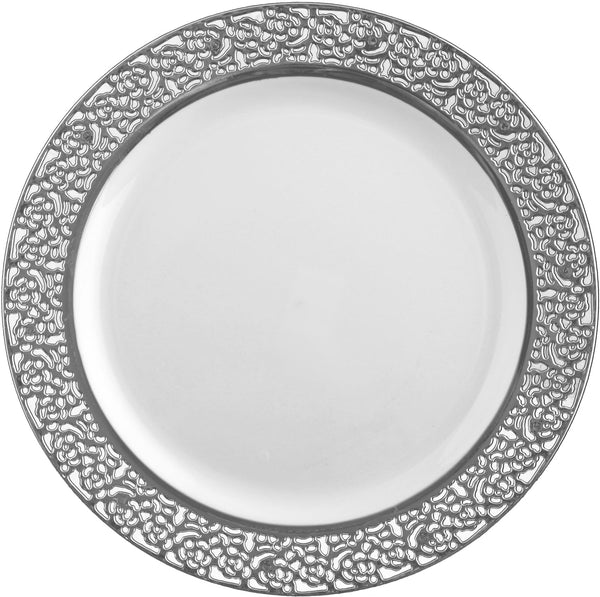 Disposable_Inspiration - White & Silver Reusable Plastic Plate 23cm/9in 10pc
