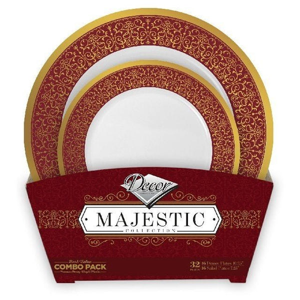 Disposable_Majestic - Burgundy & Gold Reusable Plastic Combo Plate 32pc