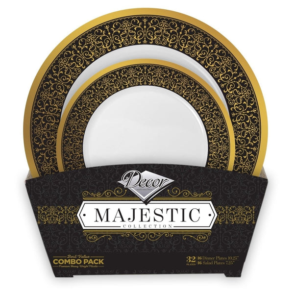 Disposable_Majestic - Black & Gold Reusable Plastic Combo Plate 32pc