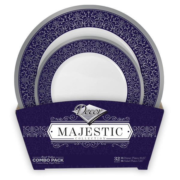 Disposable_Majestic - Blue & Silver Reusable Plastic Combo Plate 32pc