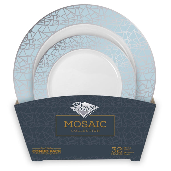 Disposable_Mosaic - Blue & Silver Reusable Plastic Combo Plate 32pc