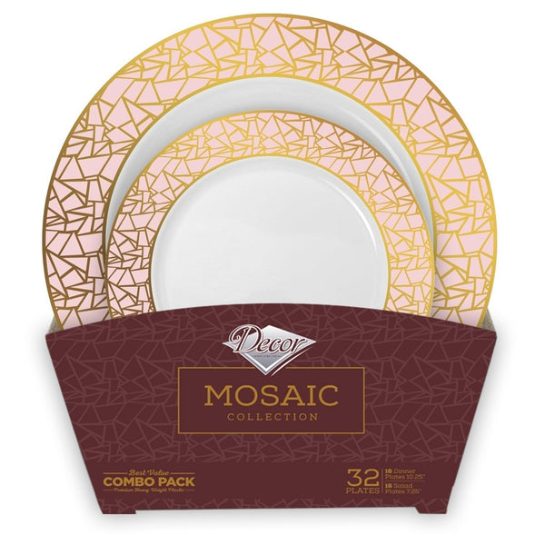 Disposable_Mosaic - White & Rose Gold Reusable Plastic Combo Plate 32pc