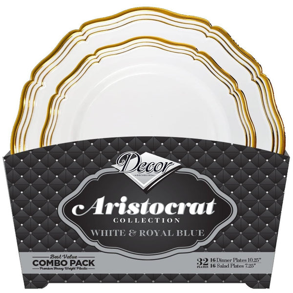 Disposable_Aristocrat - White & Gold Reusable Plastic Combo Plate 32pc