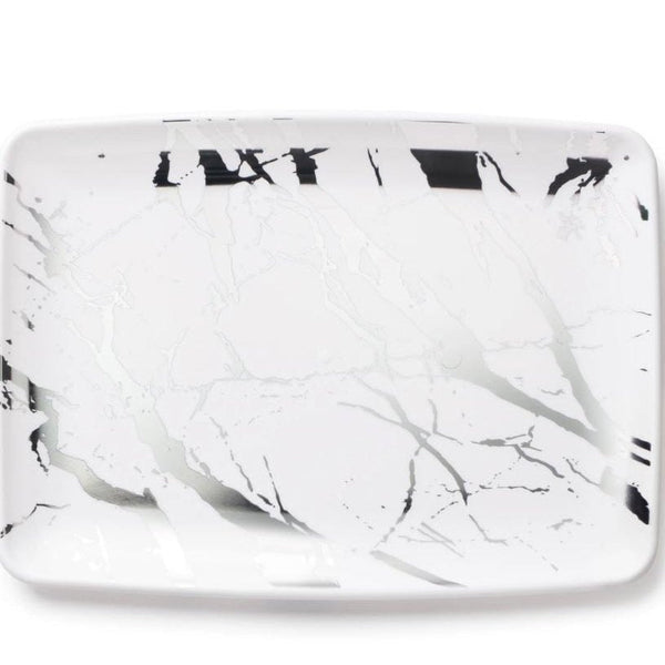 Disposable_Marble - White & Silver Reusable Plastic Serving Tray 20x28cm/8in 2pc