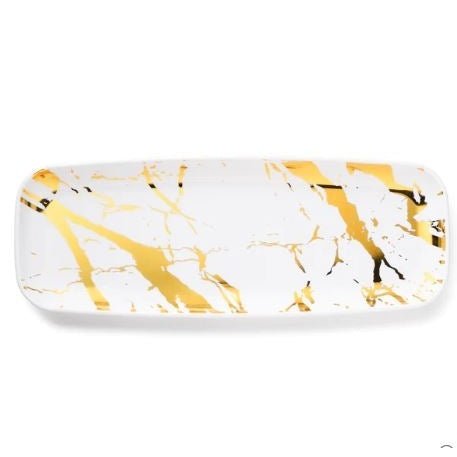 Disposable_Marble - White & Gold Reusable Plastic Serving Tray 16x45cm/6.5in 2pc