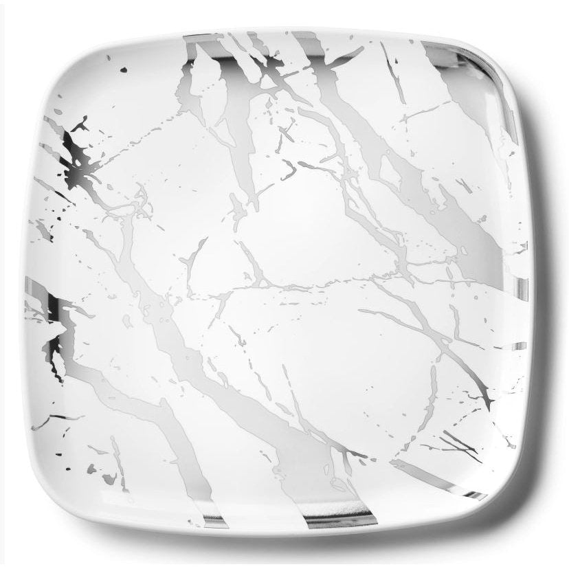Marble - White & Silver Square Reusable Plastic Serving Tray