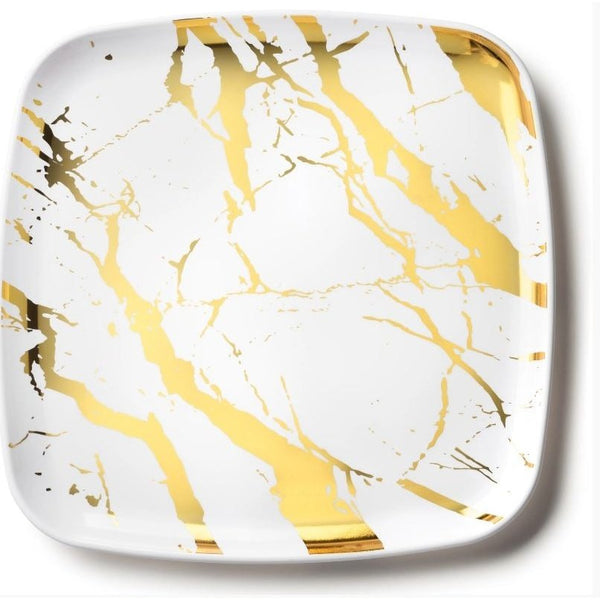 Disposable_Marble - White & Gold Square Reusable Plastic Serving Tray 35x35cm/14in 2pc