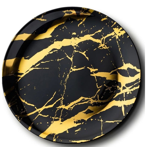 Disposable_Marble - Black & Gold Reusable Plastic Serving Tray 35cm/14in 2pc