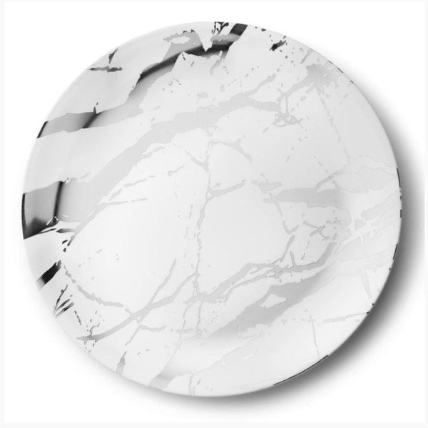 Disposable_Marble - White & Silver Reusable Plastic Serving Tray 40cm/15.5in 2pc