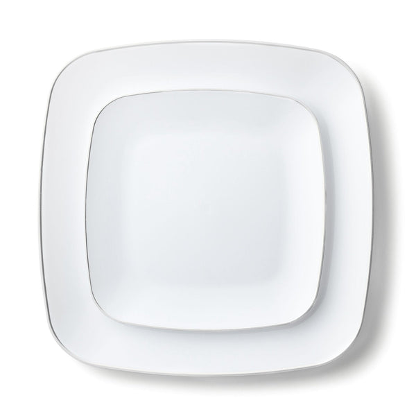 Disposable_Classic - White & Silver Square Reusable Plastic Combo Plate 32pc