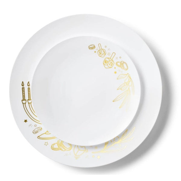 Disposable_Chanuka - White & Gold Reusable Plastic Combo Plate 32pc