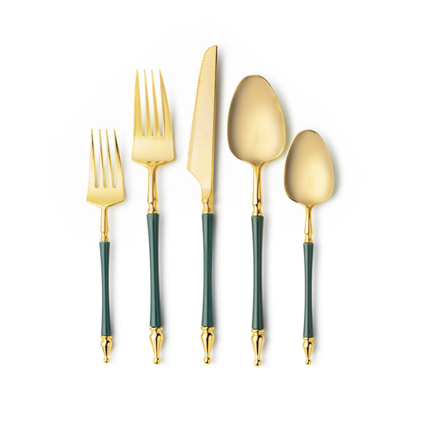 Disposable_Sophisticate - Green & Gold Reusable Plastic Combo Cutlery 40pc