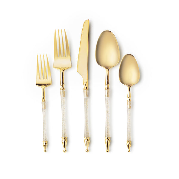 Disposable_Sophisticate - Gold Glitter & Gold Reusable Plastic Combo Cutlery 40pc
