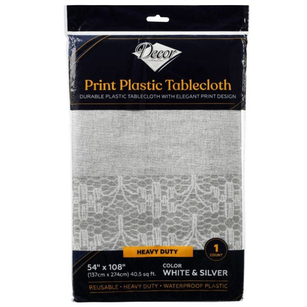 Disposable_White & Silver Tablecloth 138x274cm/54.5in 1pc - Printed