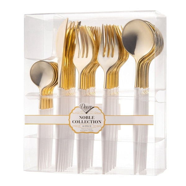 Disposable_Noble - White & Gold Reusable Plastic Combo Cutlery 40pc