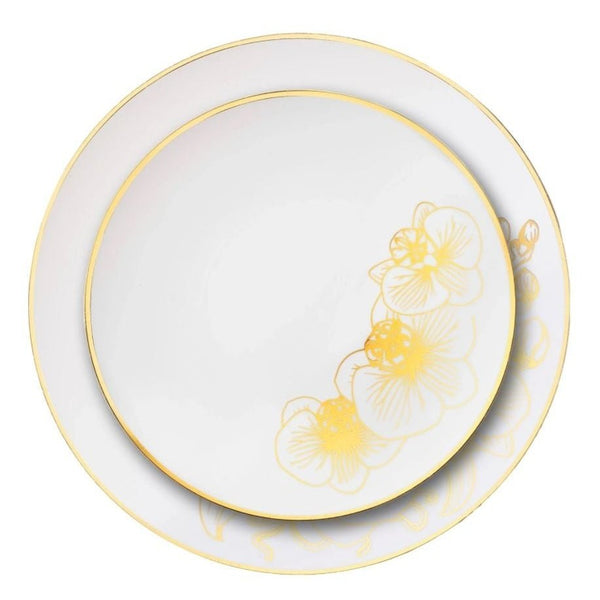 Disposable_Orchid - White & Gold Reusable Plastic Combo Plate 32pc