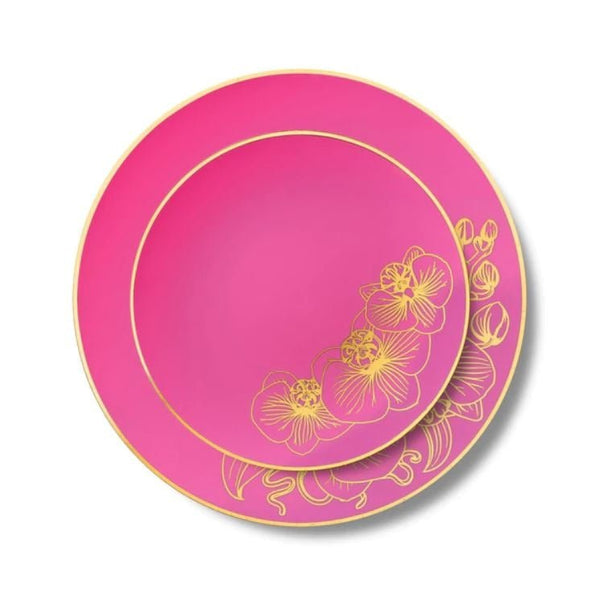 Disposable_Orchid - Fuchsia & Gold Reusable Plastic Combo Plate 32pc