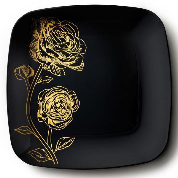 Disposable_Peony - Black & Gold Square Reusable Plastic Plate 26cm/10in 10pc