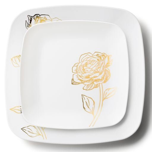 Disposable_Peony - White & Gold Square Reusable Plastic Combo Plate 32pc