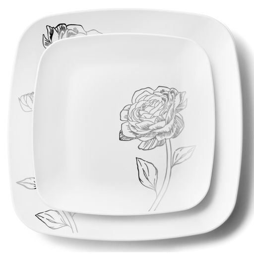 Disposable_Peony - White & Silver Square Reusable Plastic Combo Plate 32pc