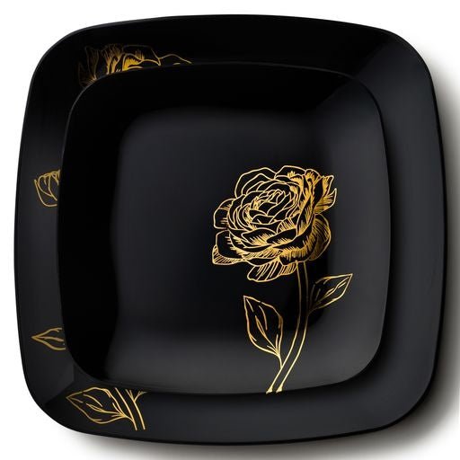 Disposable_Peony - Black & Gold Square Reusable Plastic Combo Plate 32pc