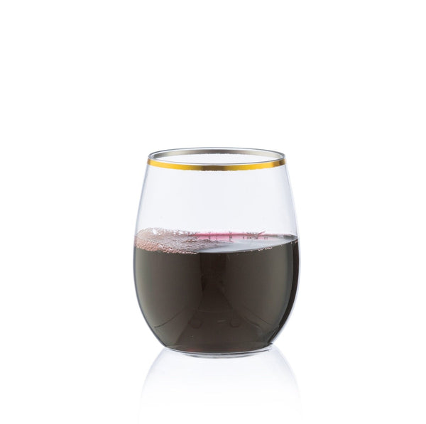 Disposable_Stemless - Transparent & Gold Reusable Plastic Wine Cups 355ml/12oz 6pc