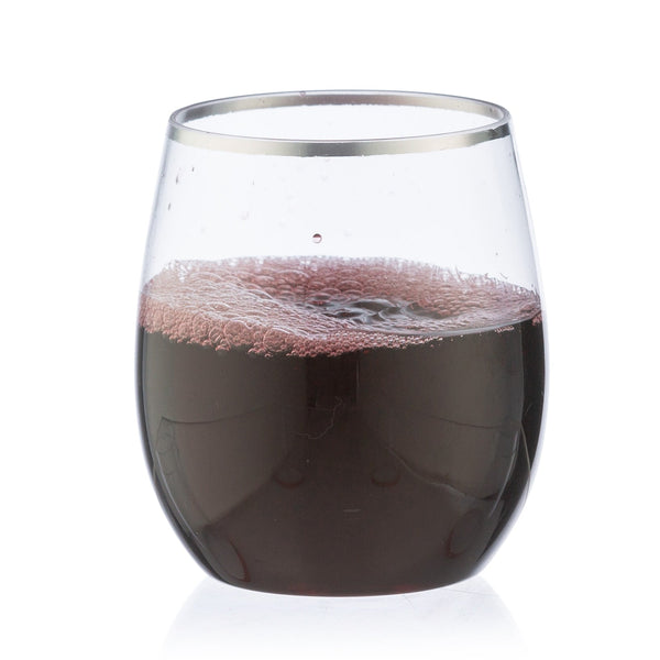 Disposable_Stemless - Transparent & Silver Reusable Plastic Wine Cups 355ml/12oz 6pc