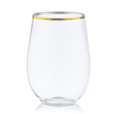 Disposable_Stemless - Transparent & Gold Reusable Plastic Wine Cups 470ml/16oz 6pc