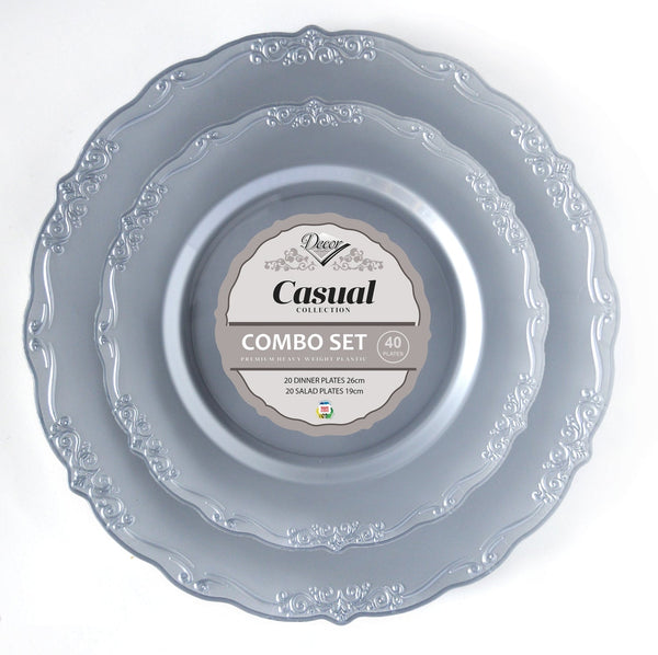 Disposable_Casual - Silver Reusable Plastic Combo Plate 40pc