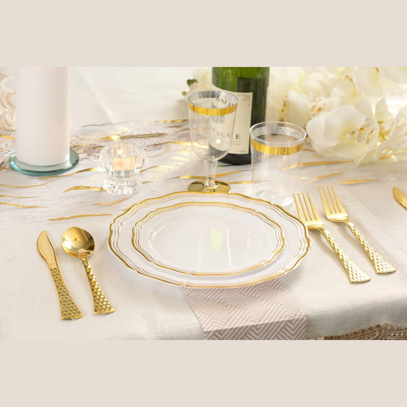 Disposable 32 White & Gold Reusable Plastic Combo Plate - Aristocrat 