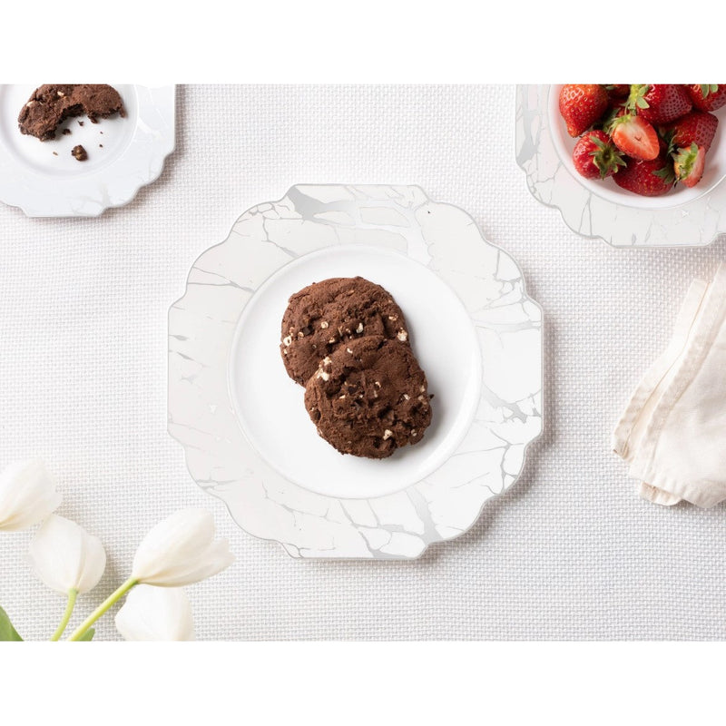 Disposable 10 White & Silver Reusable Plastic Plate 27cm - Grand 