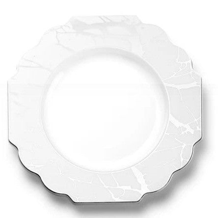 10 Weiß & Silber Wiederverwendbar Kunststoff Teller 21cm